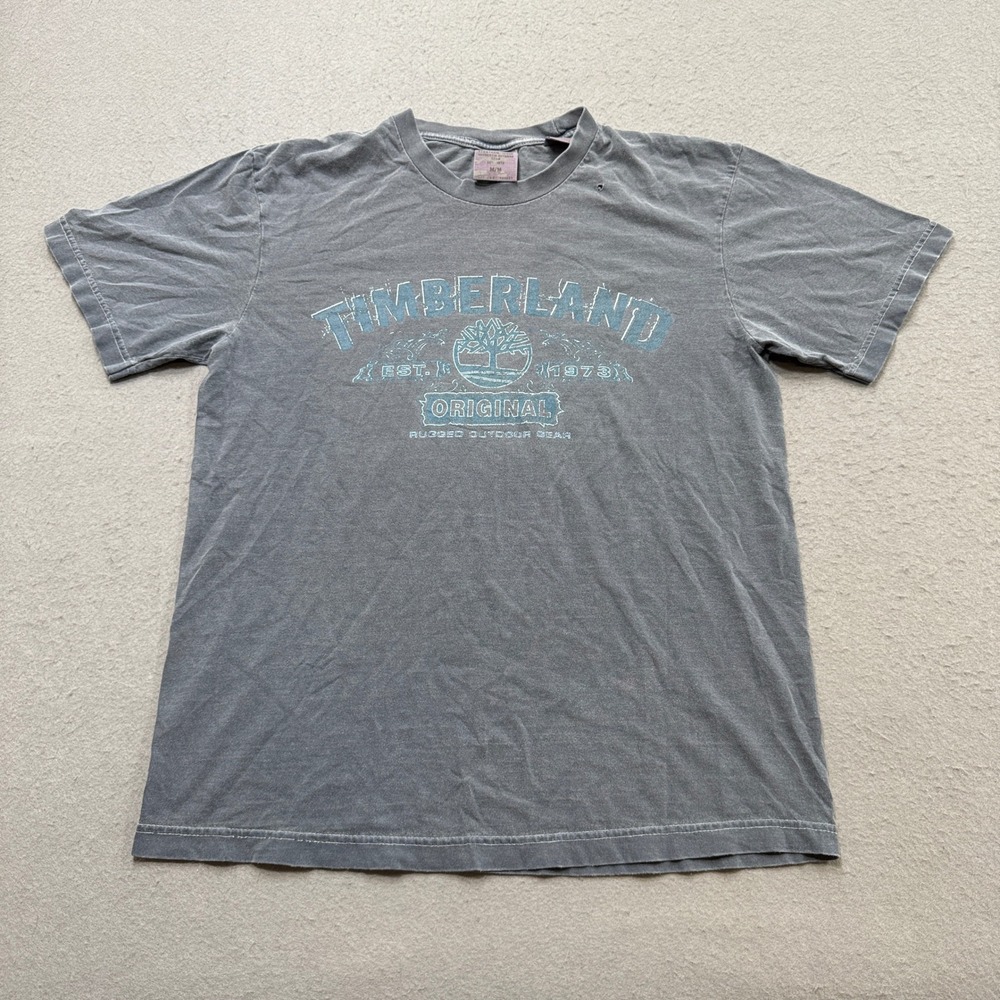Timberland Graphic T-Shirt Men's Medium Gray Loose Fit Short Sleeve Streetwear